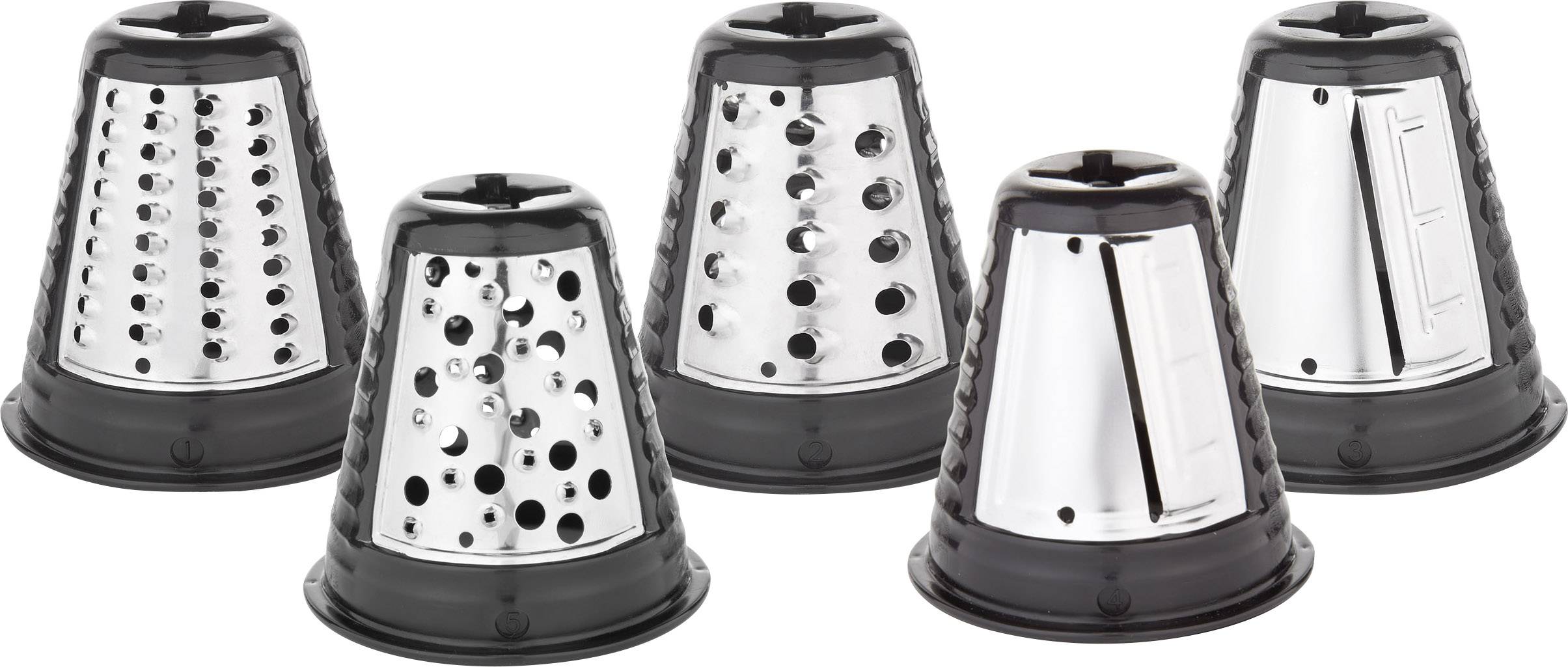 Five silver drum grater attachments with various hole sizes and shapes on a black base, for use in a food processor.