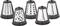Five silver drum grater attachments with various hole sizes and shapes on a black base, for use in a food processor.