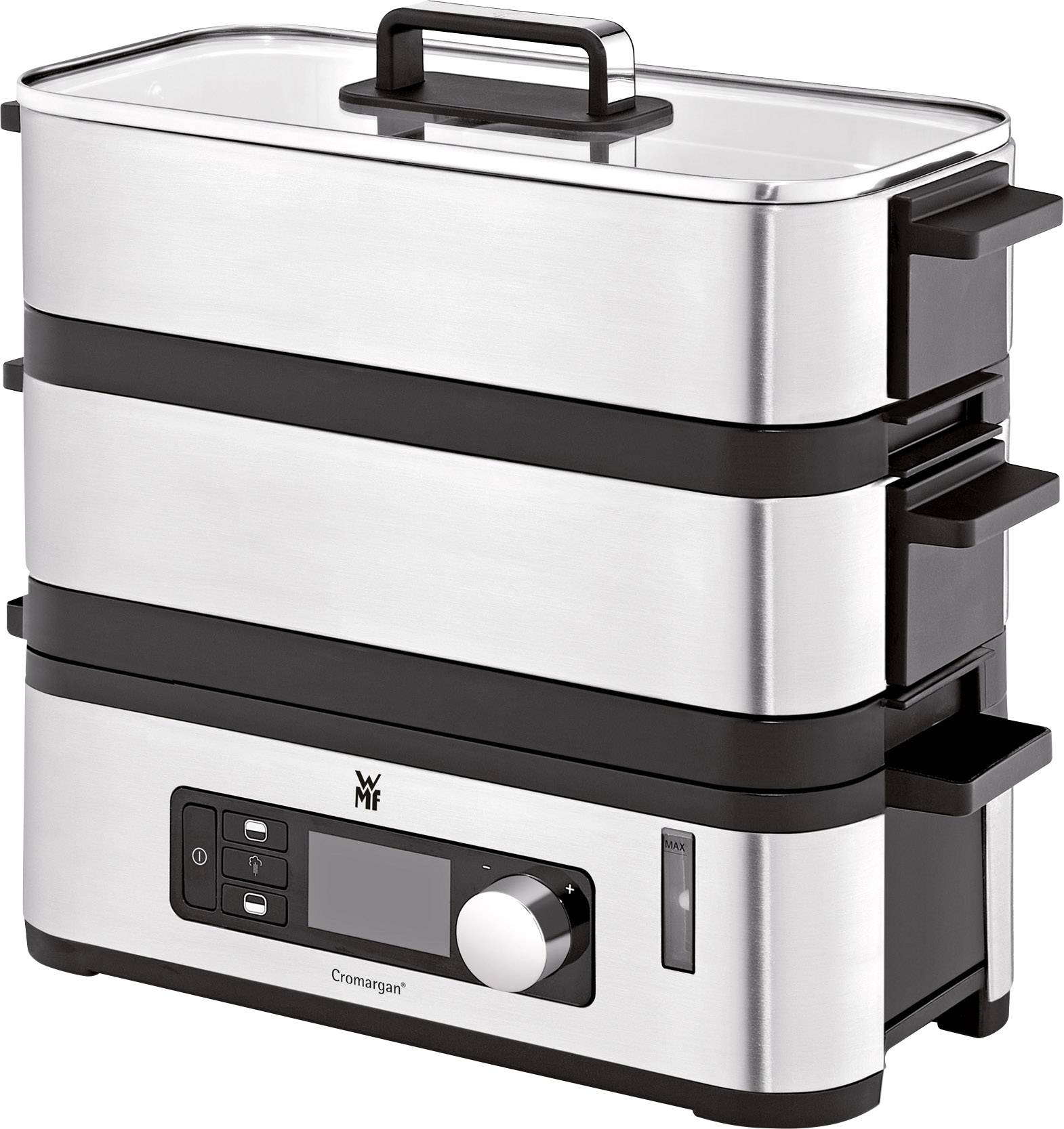 A stainless steel electric food steamer with two stackable containers and a digital control panel.