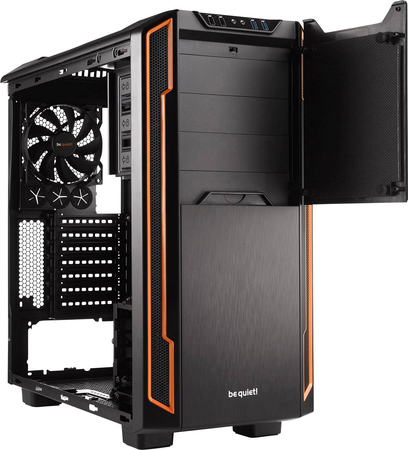 Black computer case with orange accents, open front door, showing CD drive bays and fans. 'Be Quiet!' brand visible.