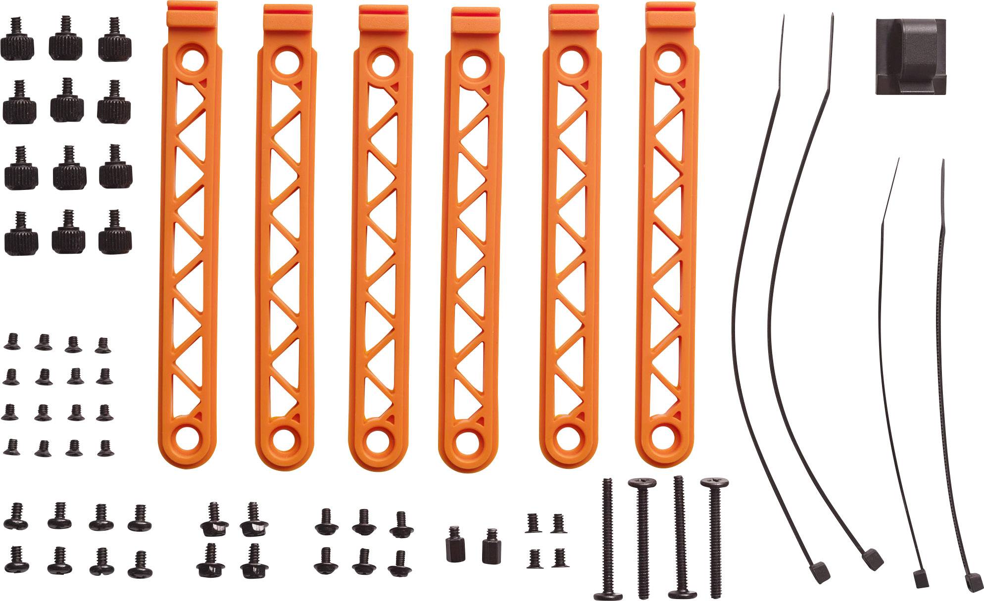 Kit with six orange plastic struts, screws, nuts, cable ties, and a small black holder for DIY projects.