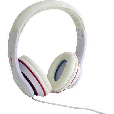 White over-ear headphones with red accents and cable. They are positioned upright, showing the padded ear cups.