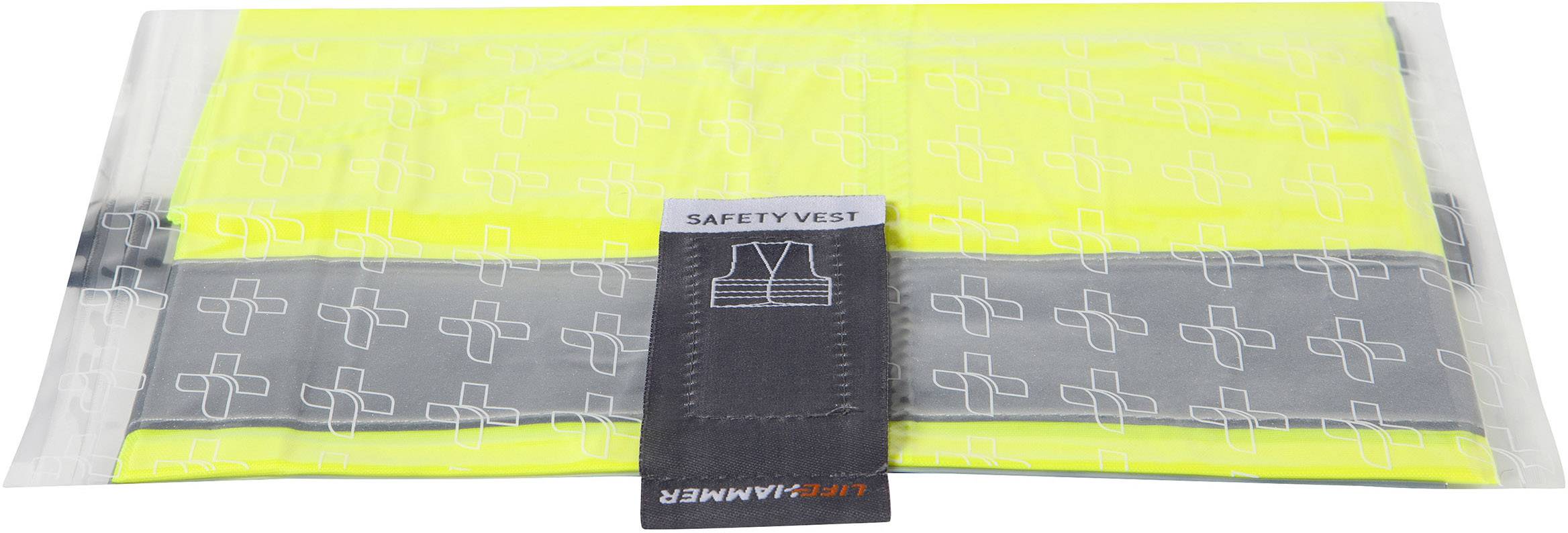 Neon yellow safety vest in packaging with reflective stripes and pattern. Label reads 'Safety Vest'.