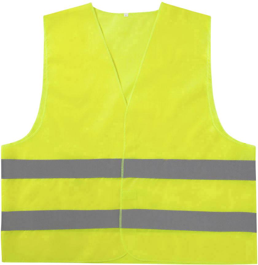 Yellow high-visibility vest with two horizontal reflective strips.