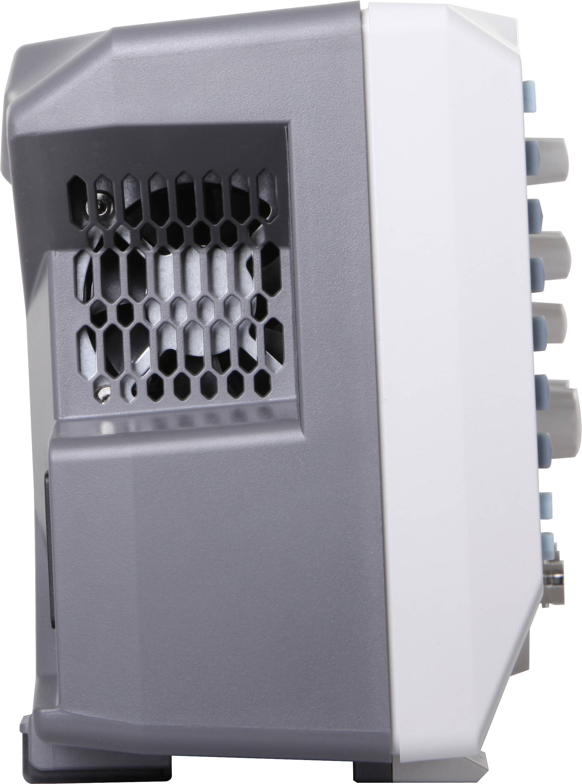 'Side view of a technical device with a grey casing, ventilation grille and several blue buttons on the right side.'