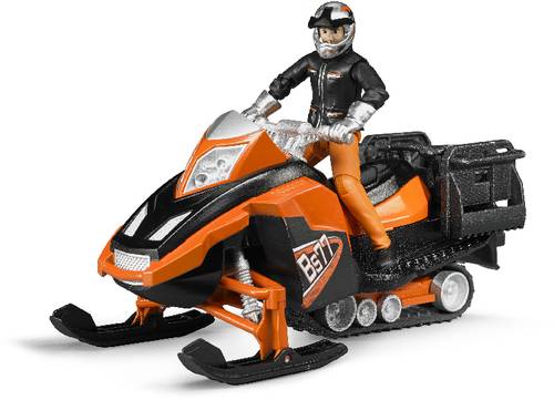 A toy figure in snowmobile clothing sits on an orange-black snowmobile toy.