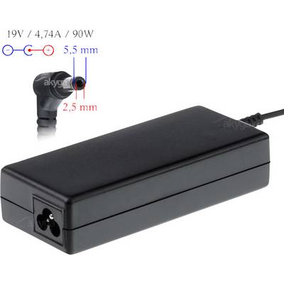 Black rectangular power supply with 19V, 4.74A, 90W. Shows a 2.5 mm x 5.5 mm DC plug and cable for power connection.