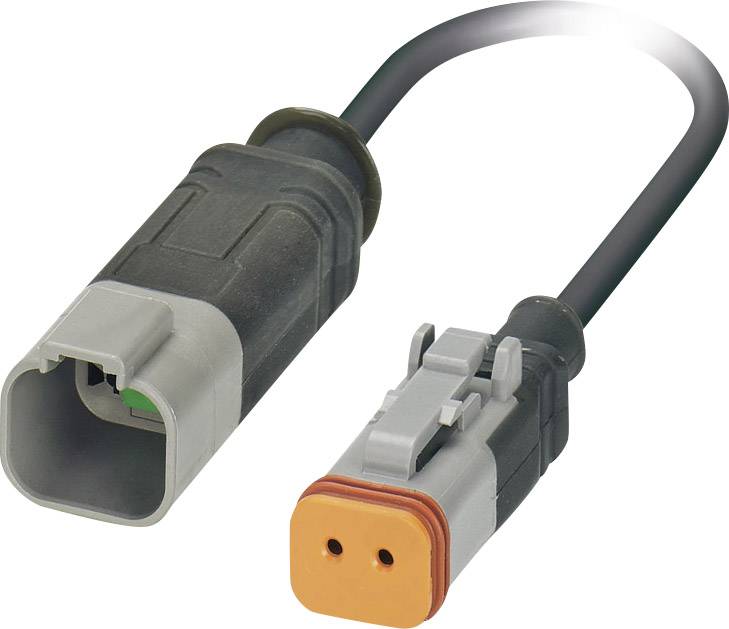 'Connector with two ports, depicted against a white background. One is grey-black, the other has an orange seal.'