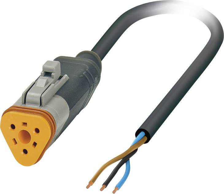 'Three-core cable with orange-grey plug. The cable ends are open, revealing the cores in blue, brown, and black colours.'