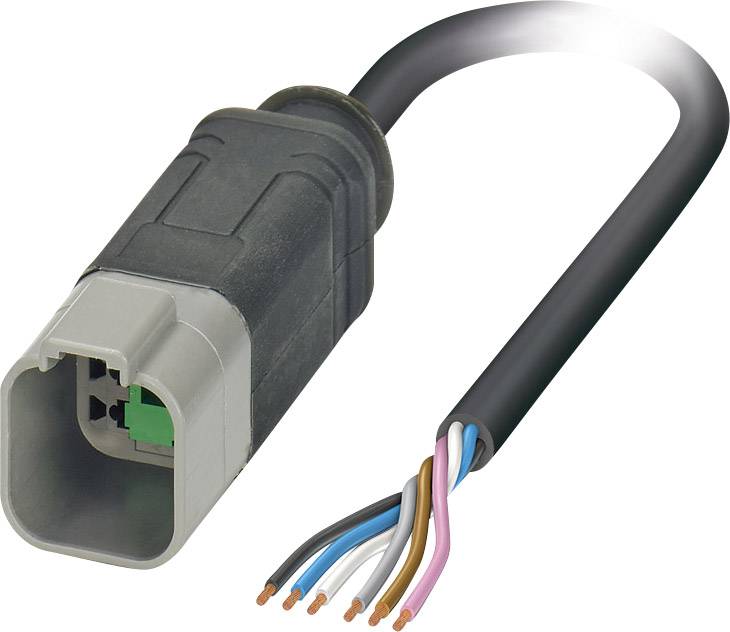A plug with several exposed cable wires of different colours, connected to a black cable sheath.