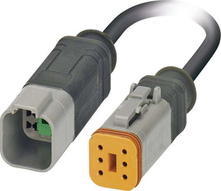 A connector with two ends: one is grey with a green insert, the other orange. Used for electronic connections.