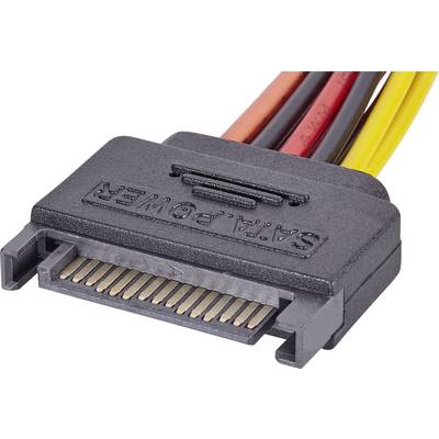 A SATA power cable with multiple contacts and coloured wires. It is used to supply power to devices within a computer.