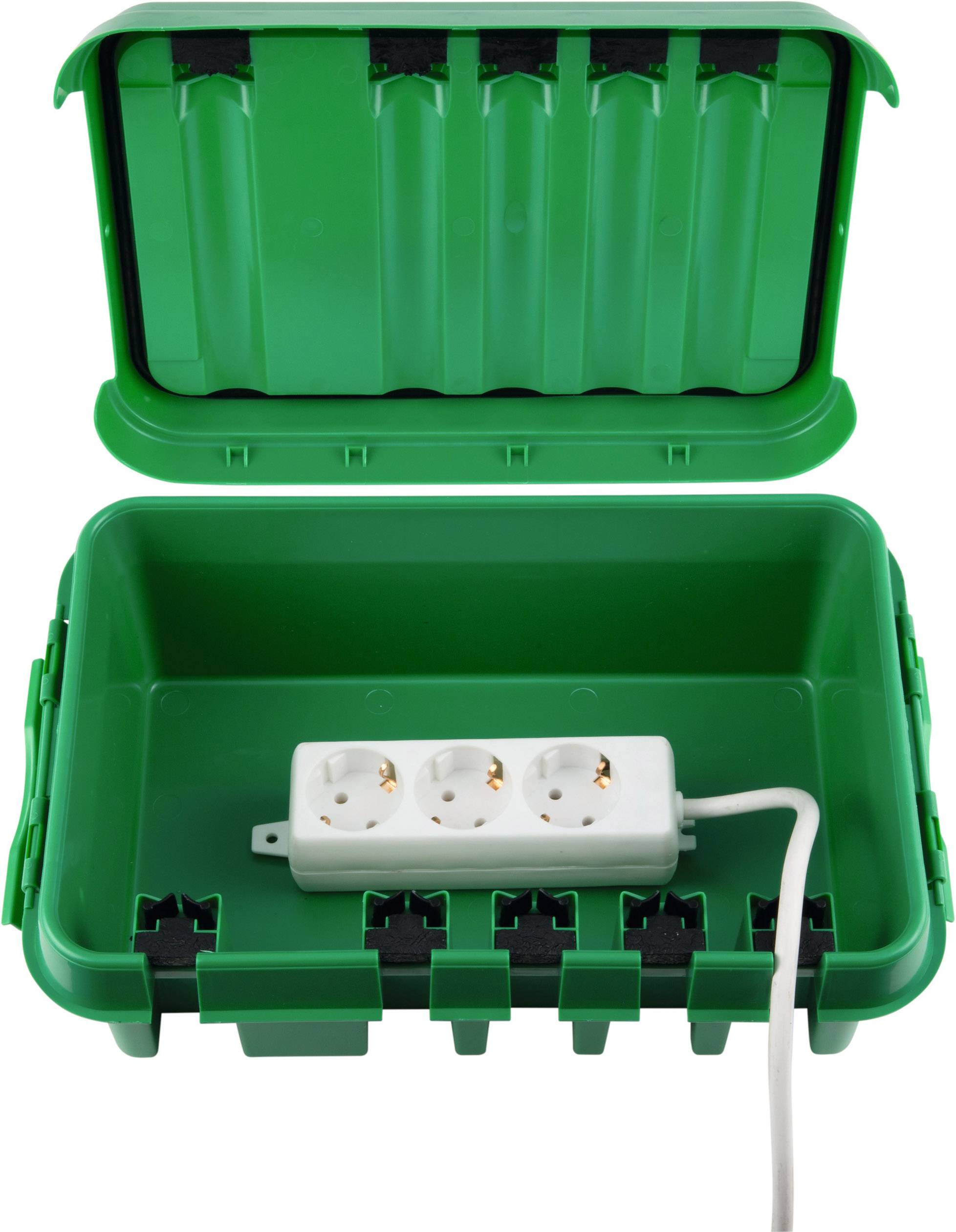 Green protective box with an open lid, containing a white multi-socket extension lead with three sockets and cable.