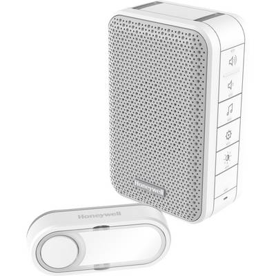 Portable white doorbell with speaker and detachable button; volume, melody, light, and setup buttons on the side.