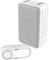 Portable white doorbell with speaker and detachable button; volume, melody, light, and setup buttons on the side.