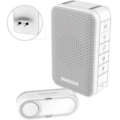 Portable Honeywell Wireless Doorbell Kit with Plug-In Adapter. Includes a bell with multiple volume levels and melodies.