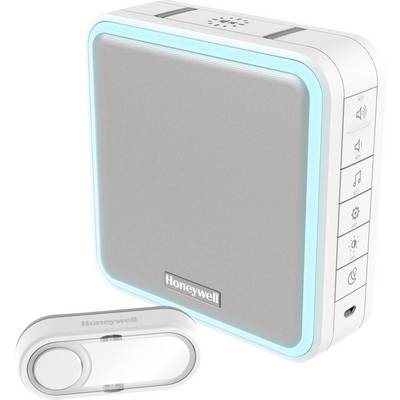 A wireless doorbell set with a white, square receiver featuring a blue LED light and a rectangular button.