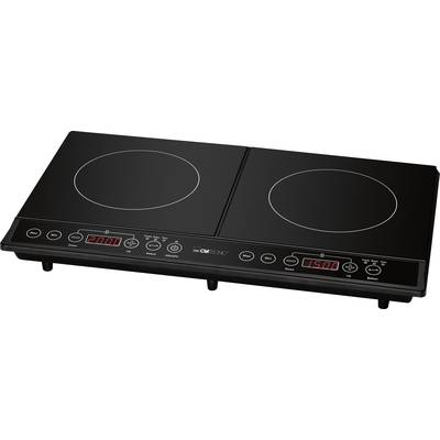 The image depicts an electric double induction hob with two cooking zones and digital controls for temperature adjustment.