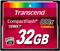 A red 32GB CompactFlash memory card by Transcend with 800x speed and 120MB/s transfer rate.