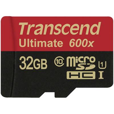 A Transcend Ultimate microSDHC memory card with 600x speed, 32 GB capacity, Class 10 UHS-I, in black and red.