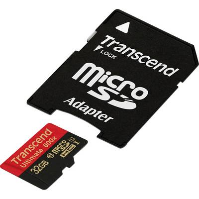 A red 32GB microSD memory card with the label 'Transcend Ultimate 600x' next to a microSD adapter.