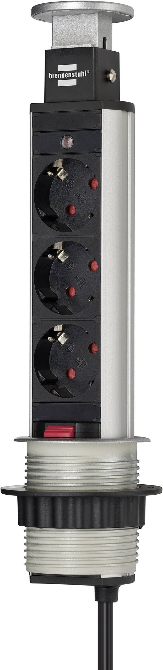 Silver-coloured retractable power strip with three black sockets and a red switch, suitable for office desks.