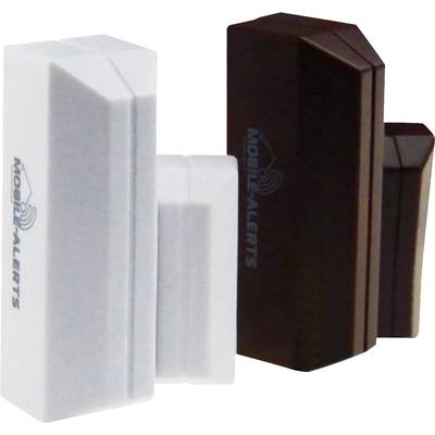 Two wireless window sensors, one white, one black, labelled 'Mobile Alerts', for monitoring window opening states.