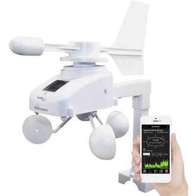Anemometer with smartphone app, displaying wind speed and direction. Device has three hemispherical cups and propeller.