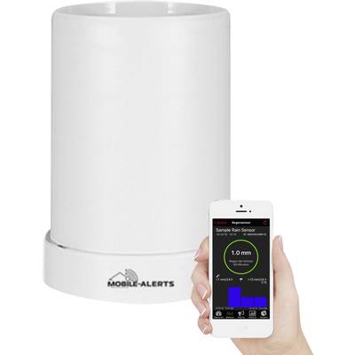 Rain gauge shows '1.0 mm' on smartphone display. Devices communicate wirelessly.