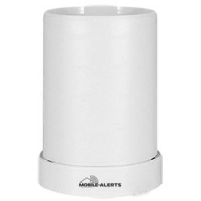 A white, cylindrical rain gauge from Mobile-Alerts for weather monitoring.