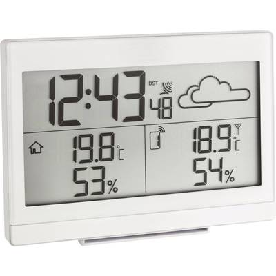 A digital clock shows the time as 12:43, with symbols for British Summer Time and cloudy weather. Temperature 19.8°C and 18.9°C with humidity at 53% and 54%.