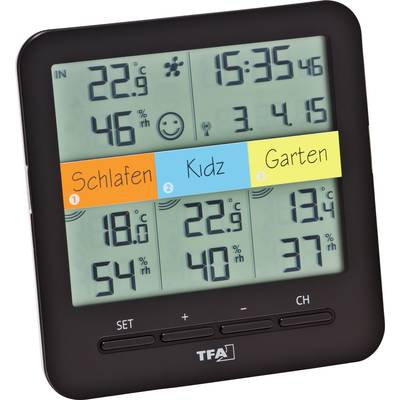 Digital thermometer and hygrometer display indoor and outdoor temperature, humidity and time with date.