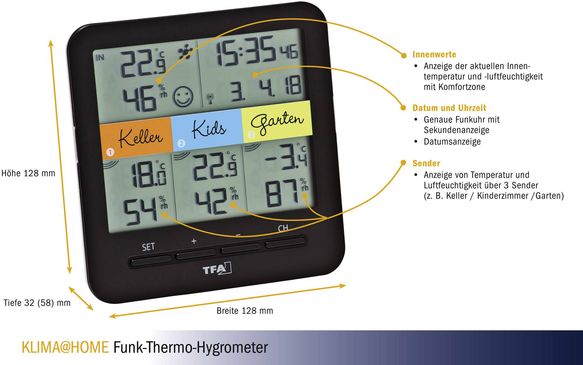 Digital Thermo-Hygrometer with displays for indoor and outdoor temperature, humidity, and date. Shows readings from three sensors ('Cellar', 'Kids', 'Garden').