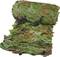 A rolled-up camouflage net in green, brown, and black colours, used for camouflage purposes in woodland areas.