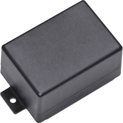 A rectangular black plastic enclosure with rounded corners, suitable for electronic components, featuring a mounting tab.