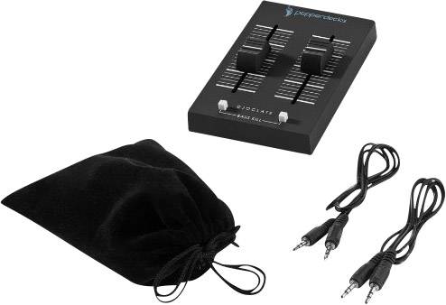 Mixer with two sliders, two cables with 3.5mm jack plugs and a black storage pouch on a white background.
