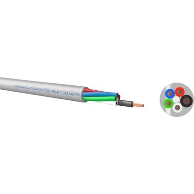 Illustrated cable with four coloured inner conductors (blue, red, green, black) and copper cores. Cross-section shows conductor arrangement.