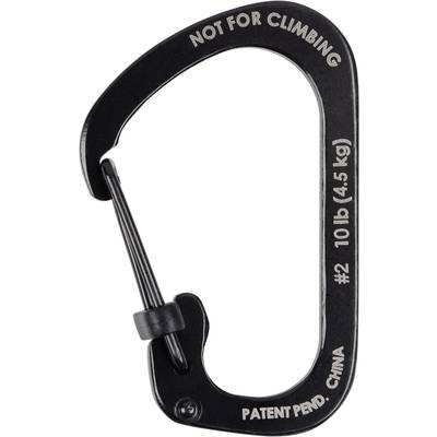 Black carabiner with engraved text: 'NOT FOR CLIMBING', '10 lb (4.5 kg)', '#2', 'PATENT PENDING', 'CHINA'.