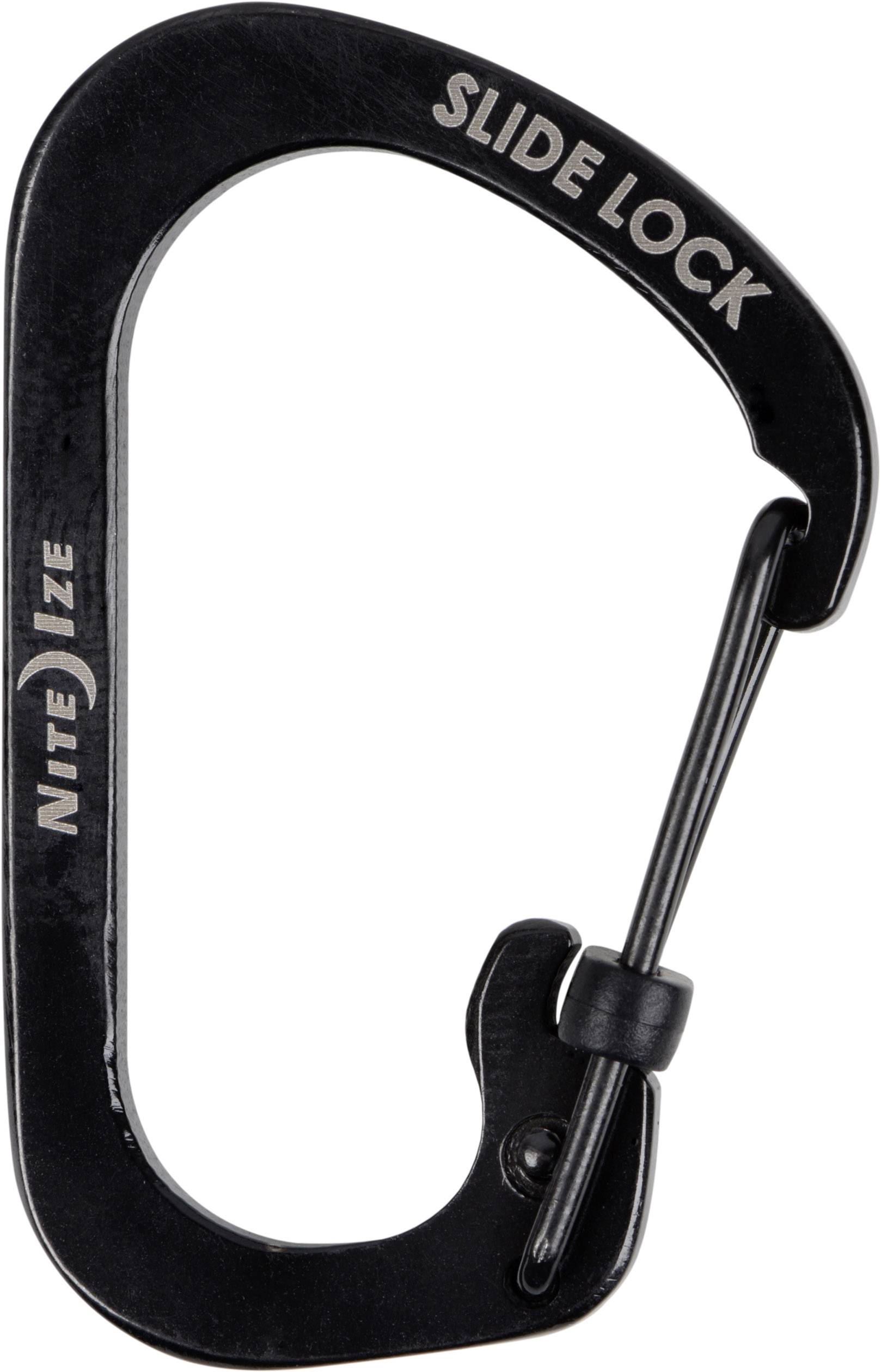 Black carabiner with 'SLIDE LOCK' inscription. Suitable for secure connections and fastenings. Brand name 'Nite Ize'.