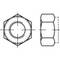 Technical drawing of a hexagonal nut, front view on the left and side view on the right, showing form and thread profile.
