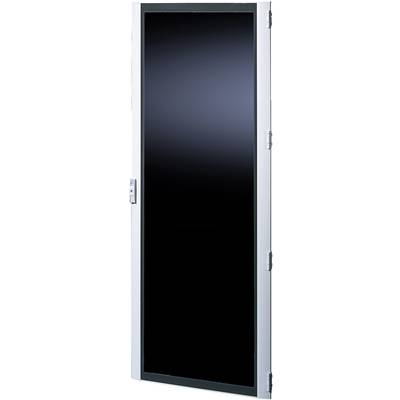 A slim, rectangular black glass door with a silver frame and three hinges on the right-hand side.