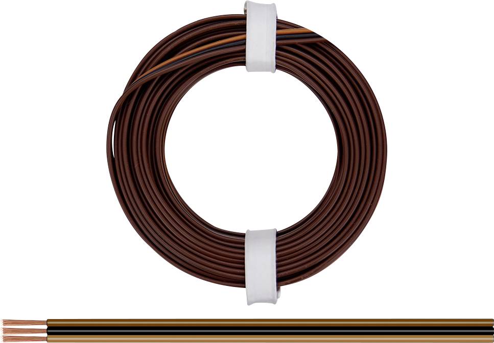 Brown cable reel with white band fastened, showing open ends with copper wires. Suitable for electrical installations.