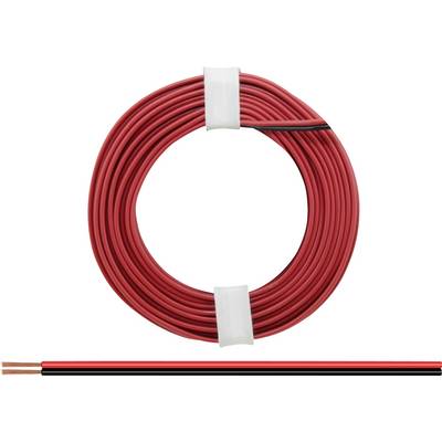 Red electrical twin cable, coiled, with bare copper ends, suitable for installations and connecting devices.