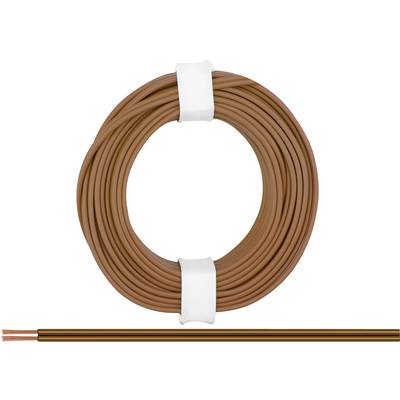 A reel of brown electrical cable, neatly wound and held together with white tape. At the bottom edge, a section of the cable shows exposed copper wires.
