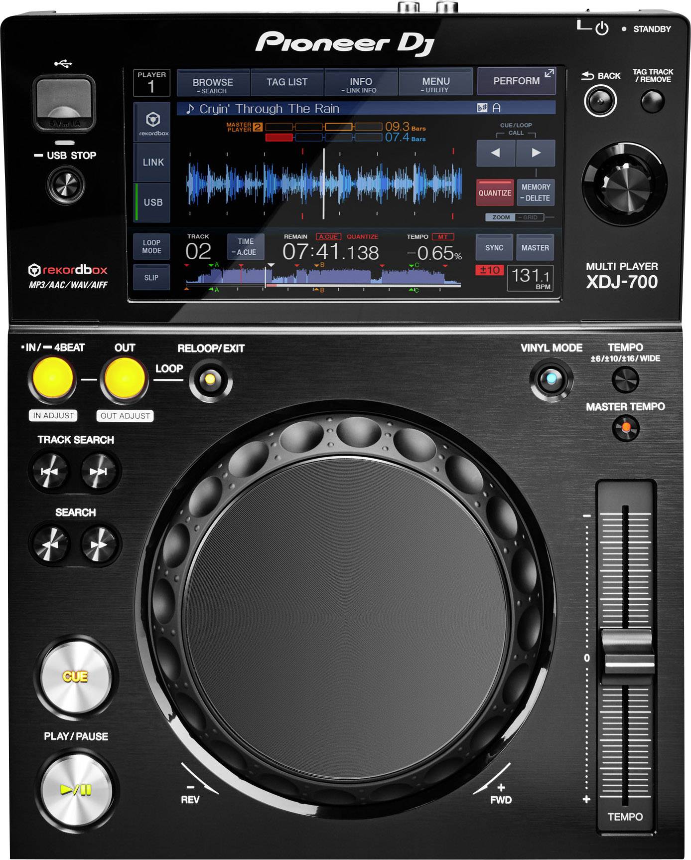Pioneer DJ-Mixer XDJ-700 with large display, shows music track data and waveforms, equipped with various controls.