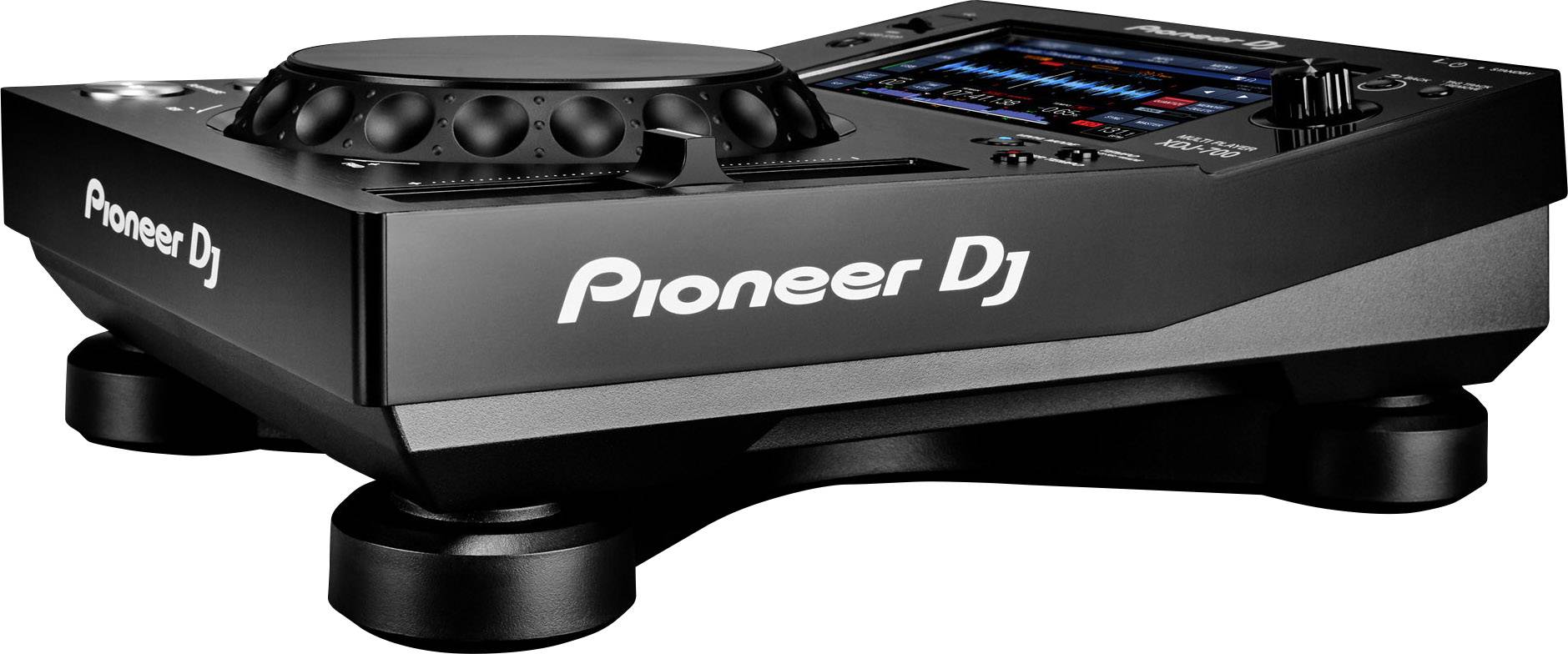 A black Pioneer DJ player with LCD display and control buttons, perfect for playing and mixing music at events.