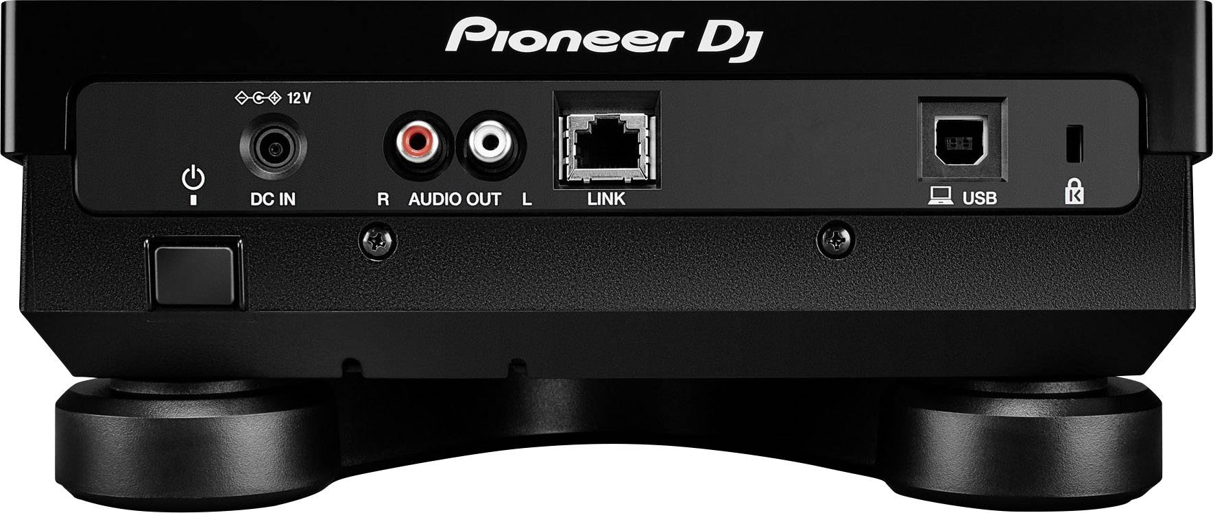 Rear view of a Pioneer DJ device with connections for DC IN, Audio Out, LINK and USB. Primarily for audio device connections.