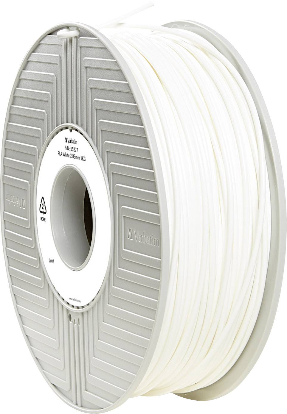 A reel of white filament for 3D printers, photographed from the side. It shows the brand markings and the winding of the filament.