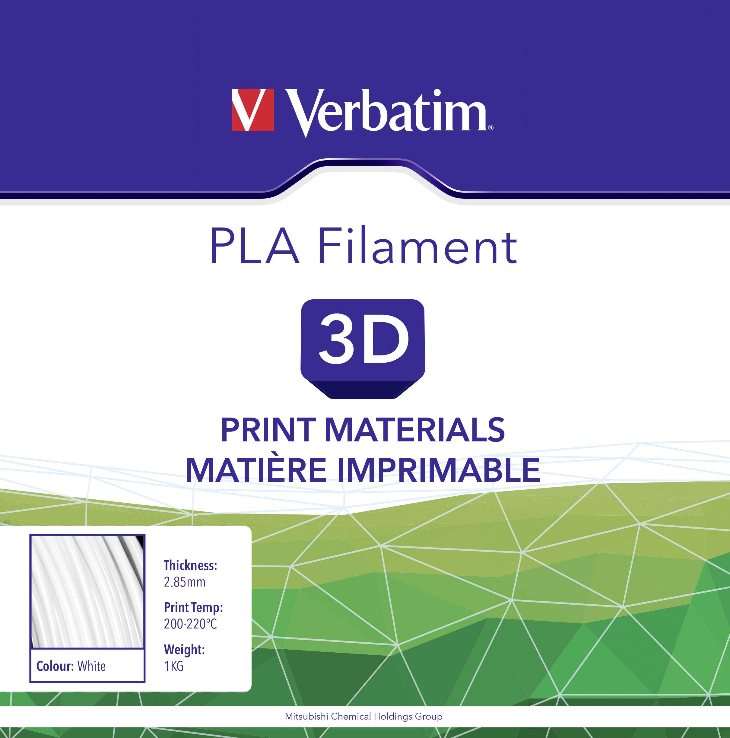 'Verbatim PLA Filament, white, 2.85 mm, Print temperature: 200-220°C, Weight: 1 kg. Suitable for 3D printing applications.'