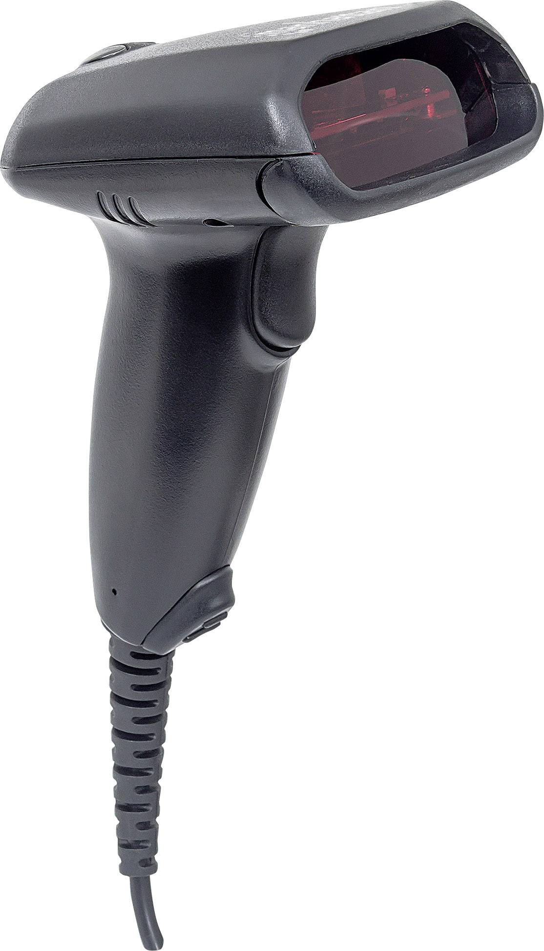 A black handheld barcode scanner with cable, suitable for retail use for rapid product information capture.